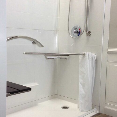 Caregiver Showering System Includes Telescopic Pivoting Rod And Curtain 