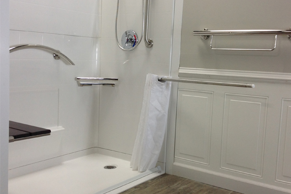 Caregiver Showering System Includes Telescopic/Pivoting Rod and Curtain (66" W x 33" H)